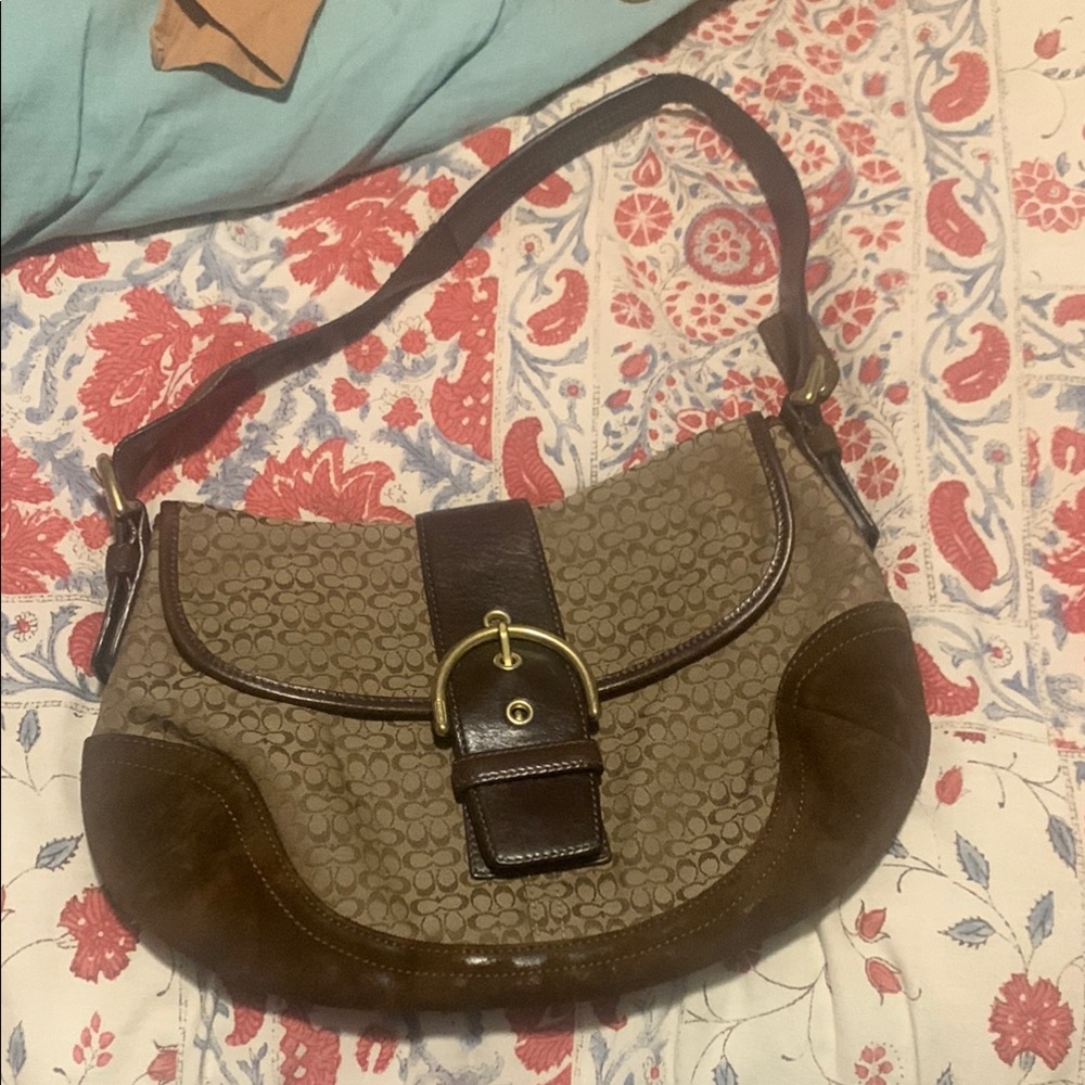 Coach Brown and Tan Signature Shoulder Bag with Buckle